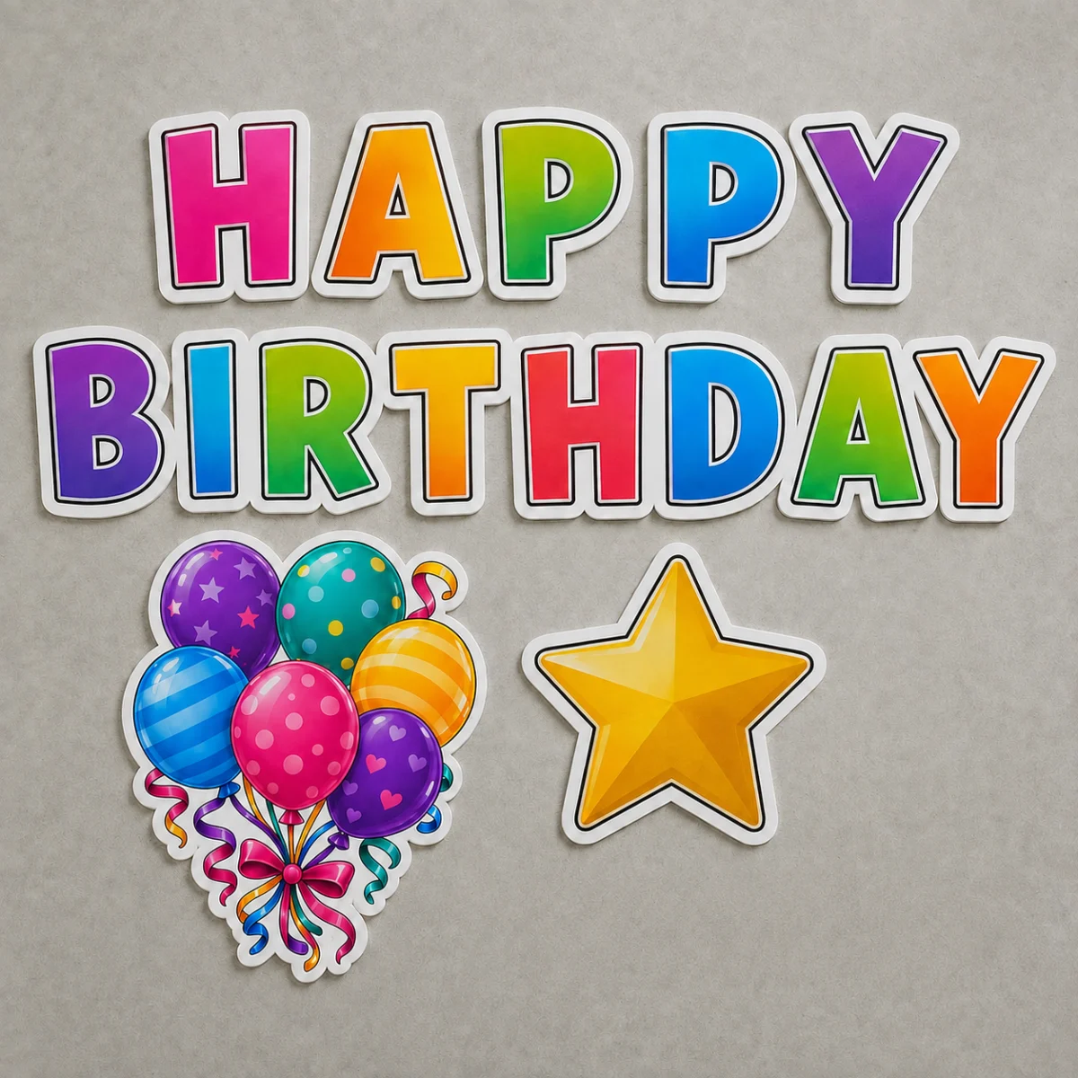 Illustration of colorful HAPPY BIRTHDAY yard sign letters with a balloon bouquet and gold star laid out before assembly