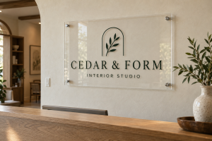 Clear acrylic Cedar & Form logo sign mounted on a cream lobby wall with metal standoffs.