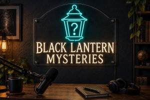 Blue lantern outline and cream Black Lantern Mysteries lettering glowing against a dark studio wall.