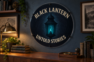 Round black Black Lantern Untold Stories acrylic sign with a blue lantern and cream lettering.