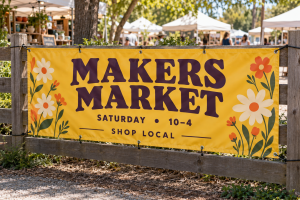 Yellow Makers Market banner with bold burgundy lettering hanging at an outdoor market.