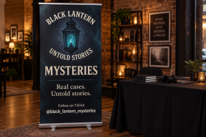 Black Lantern Mysteries freestanding event banner with a blue lantern illustration and cream lettering.