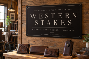 Black Western Stakes showroom sign with cream serif lettering mounted against a brick wall.