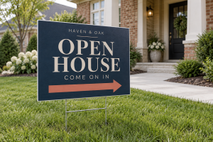 Navy Open House yard sign with cream lettering and a peach directional arrow outside a home.