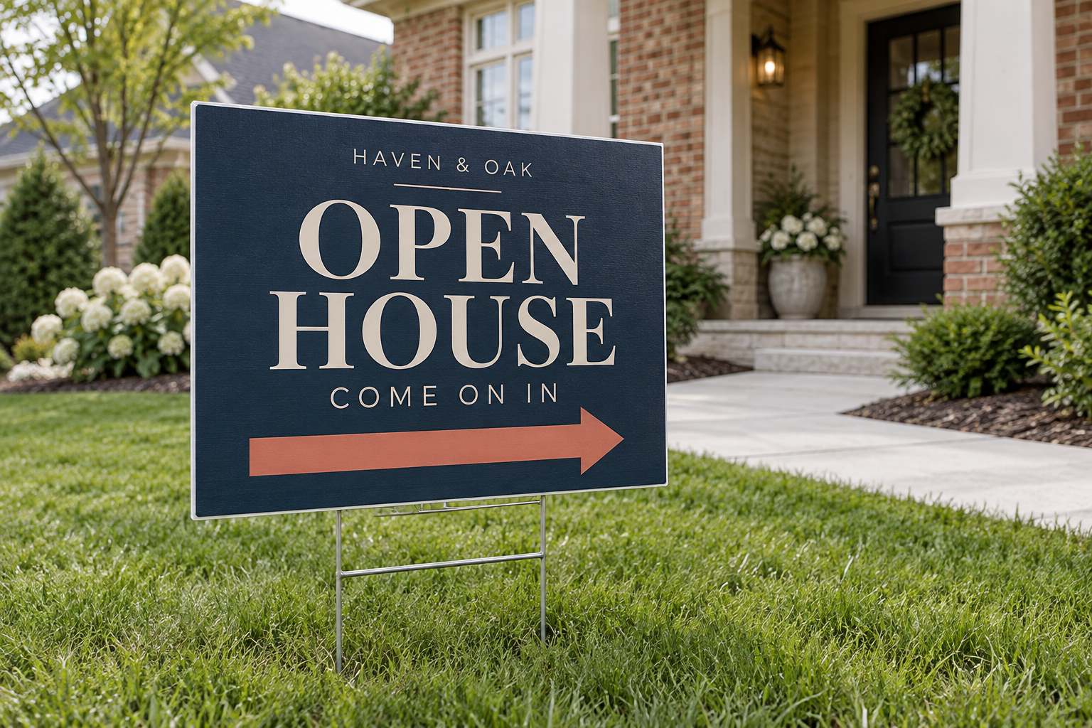 Navy Open House yard sign with cream lettering and a peach directional arrow outside a home.