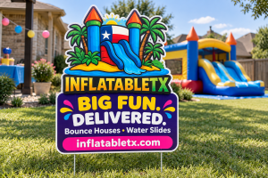 InflatableTX yard sign cut around colorful bounce-house artwork and Big Fun Delivered lettering.