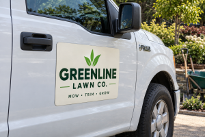 White pickup truck displaying a green Greenline Lawn Co. magnetic door sign.