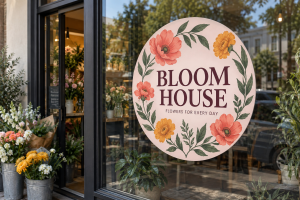 Round Bloom House window graphic with pink flowers and green leaves on a florist storefront.