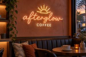 Warm orange Afterglow Coffee neon lettering and a sunrise symbol above a cafe seating area.