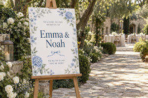 White Emma and Noah wedding welcome board with pale blue floral details on an easel in a garden.