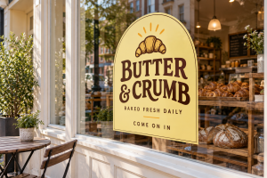 Arched Butter & Crumb bakery window graphic with a golden background and dark lettering on glass.