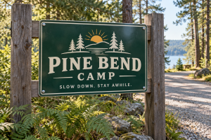 Green Pine Bend Campground sign with cream lettering, pine trees and a sunrise beside a wooded entrance.