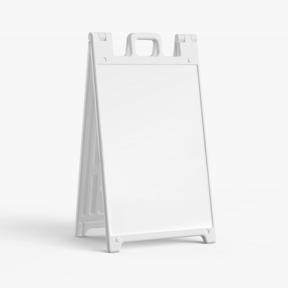 White Standard Signicade A-frame with recessed 24 by 36 inch graphic faces
