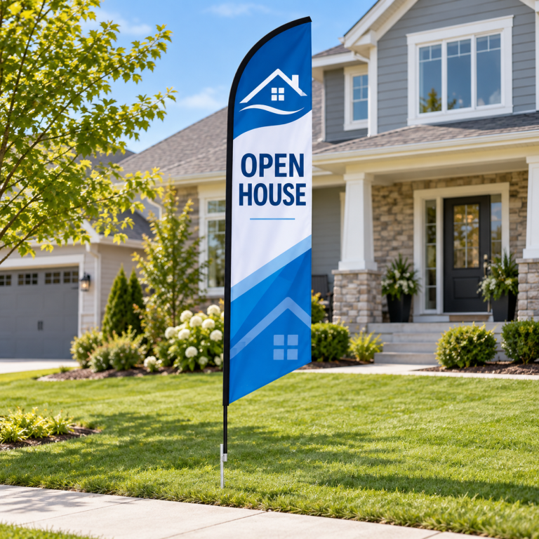 Blue feather angled flag advertising an open house outside a home