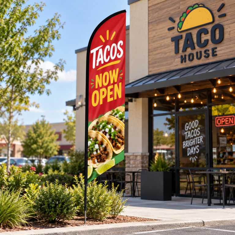 Red feather angled flag advertising tacos outside a restaurant