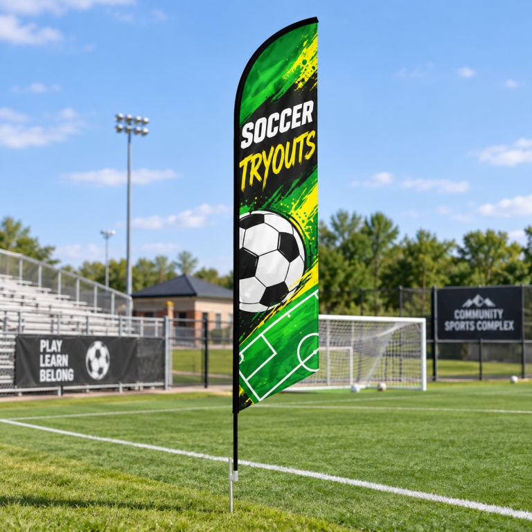 Green feather angled flag promoting soccer tryouts beside a soccer field