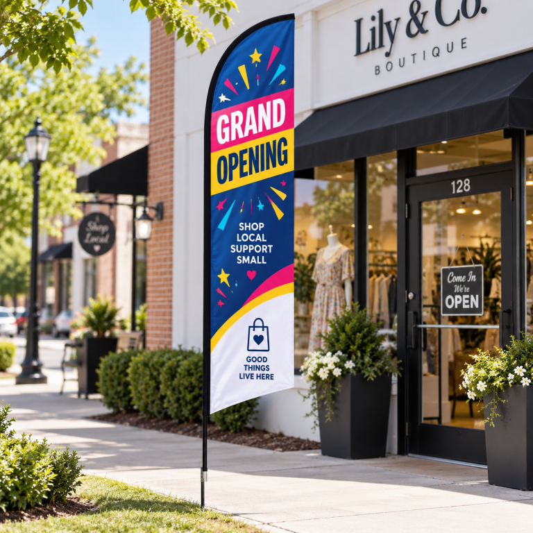 Colorful feather angled flag announcing a grand opening outside a storefront
