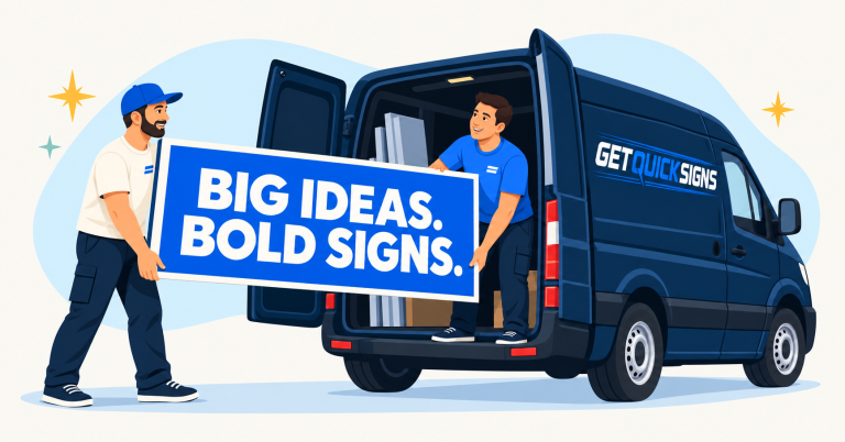 Illustration of two Get Quick Signs team members loading a custom sign into a navy van.