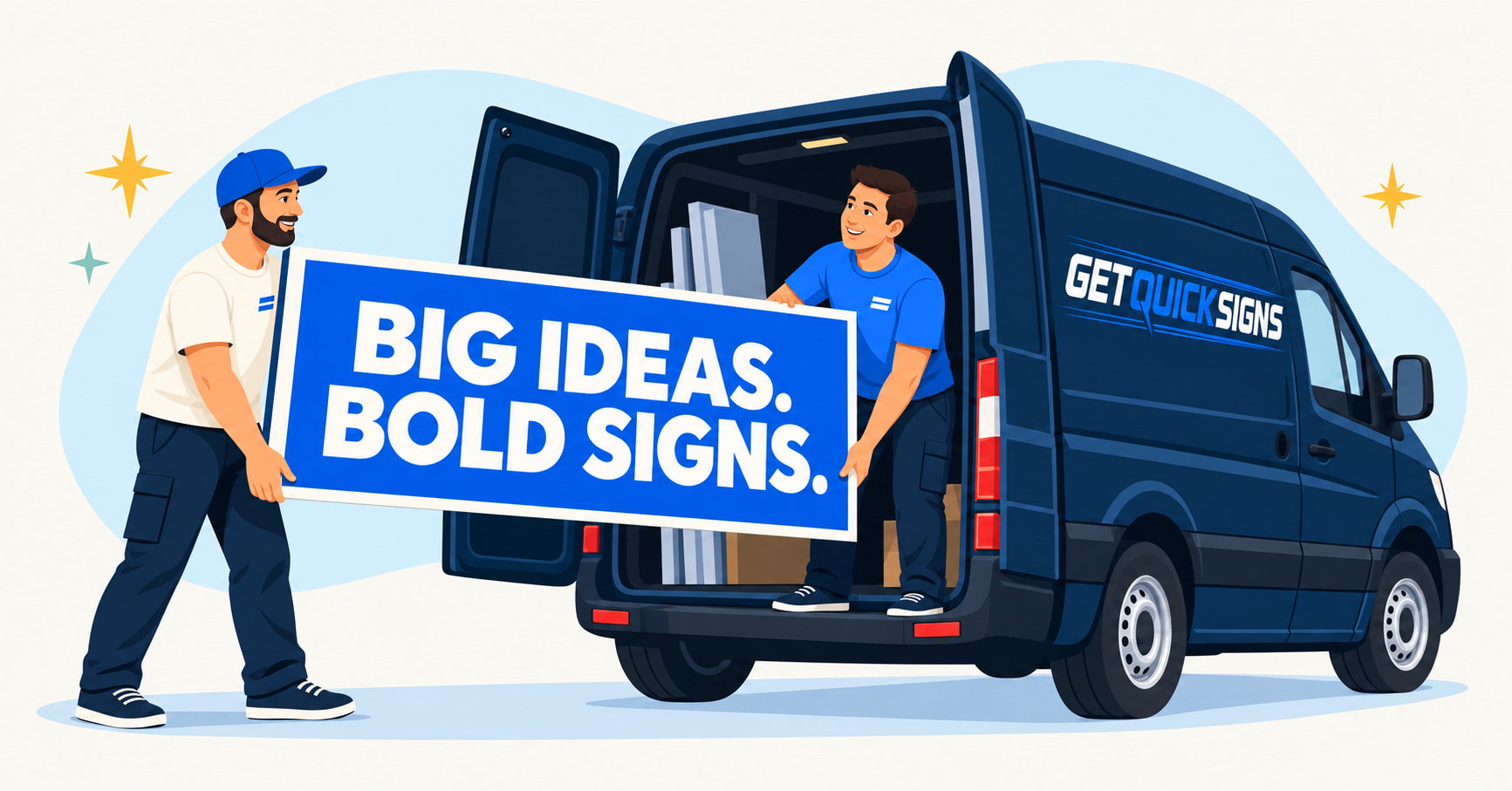 Illustration of two Get Quick Signs team members loading a custom sign into a navy van.