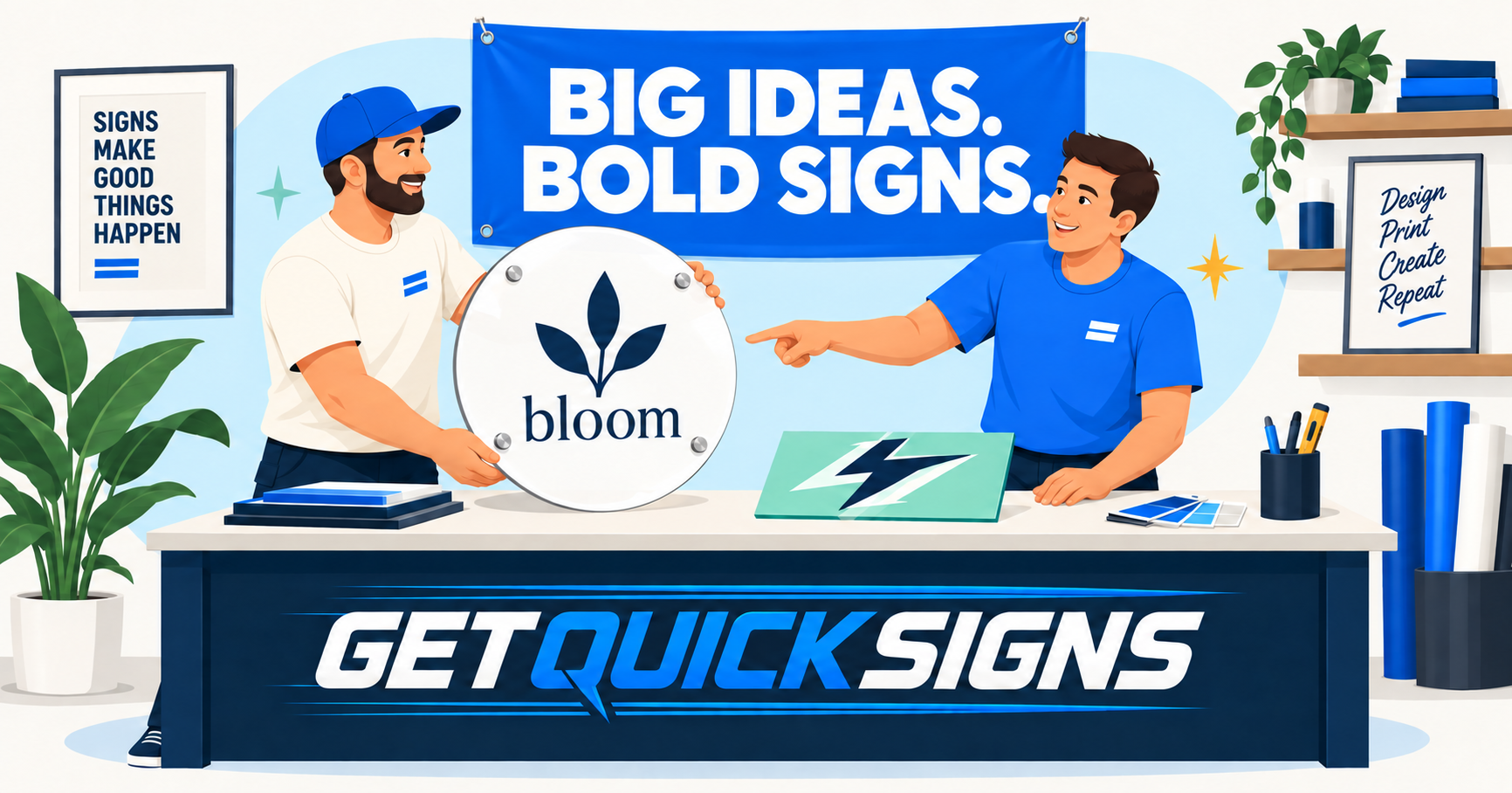Illustration of two Get Quick Signs team members reviewing an acrylic sign at a workbench.