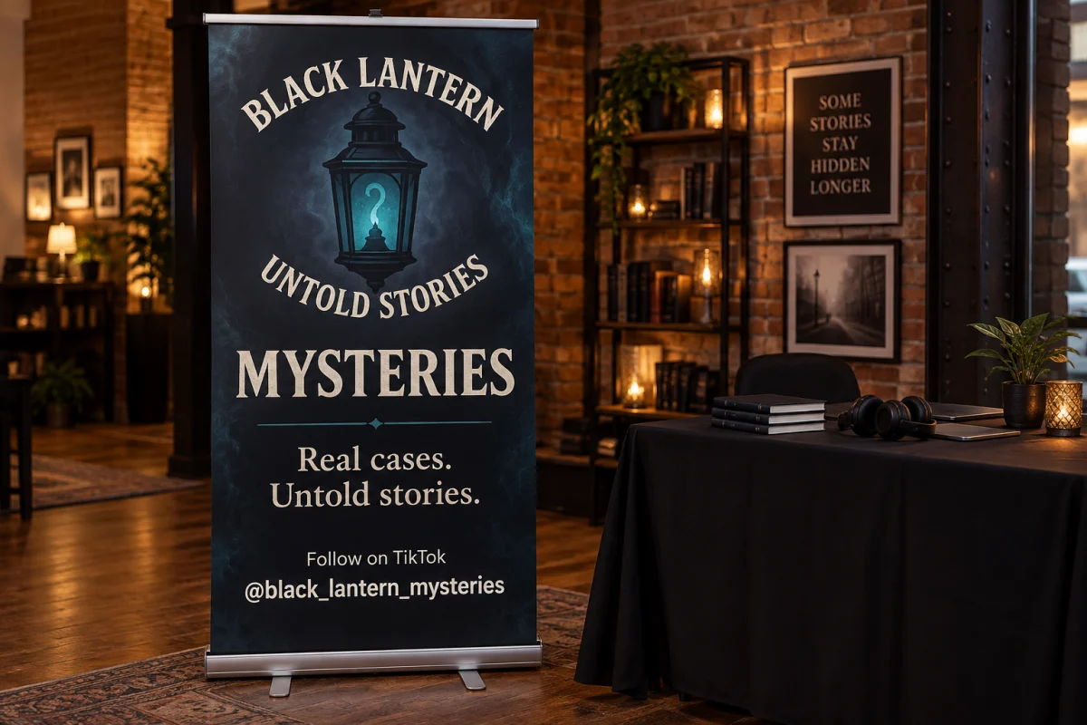 Black Lantern Mysteries freestanding event banner with a blue lantern illustration and cream lettering.