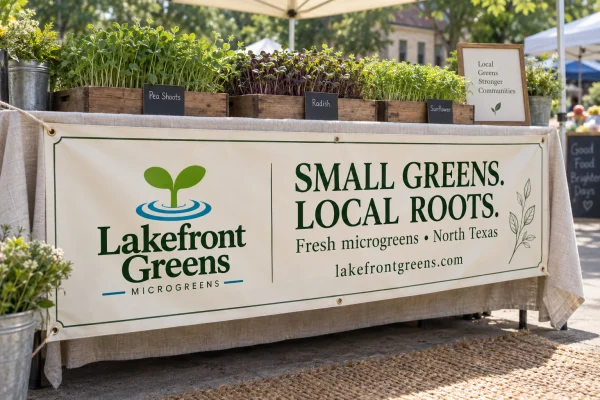 Cream Lakefront Greens banner with green branding and Small Greens Local Roots wording at a produce display.