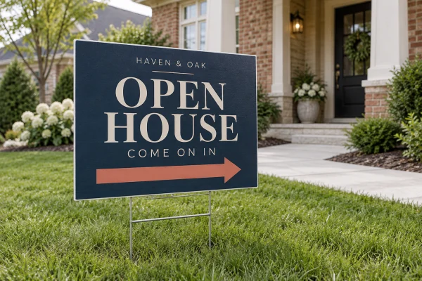 Navy Open House yard sign with cream lettering and a peach directional arrow outside a home.