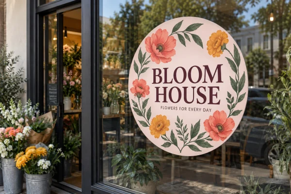 Round floral Bloom House graphic displayed on a storefront window.