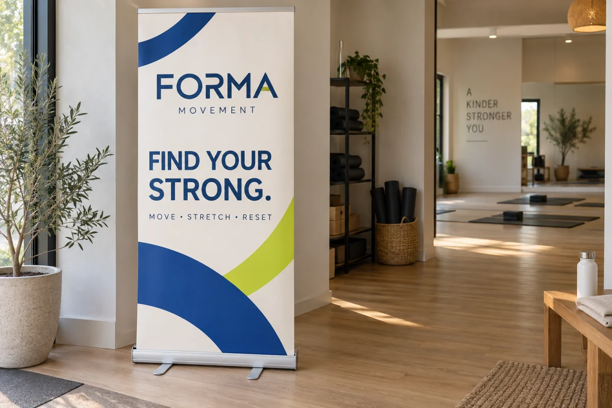 Freestanding Forma fitness banner with blue branding and Find Your Strong wording in a bright interior.