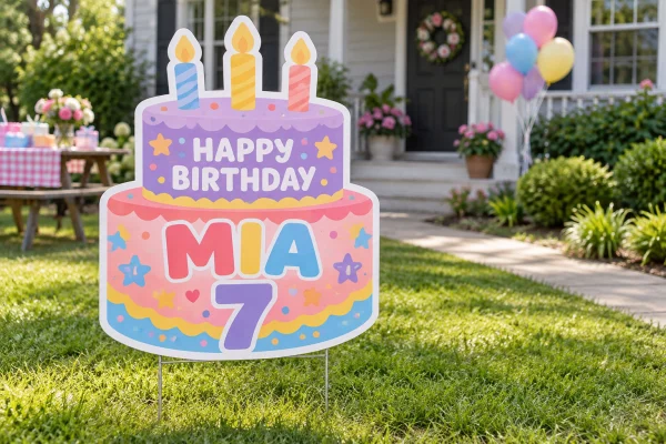 Colorful cake-shaped Happy Birthday Mia yard sign with candles displayed on a lawn.