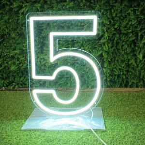 Illuminated LED marquee number 5 on a clear attachable base